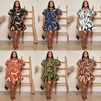 Robe chemise décontractée imprimée pour femme, tailles S-3XL, manches courtes bouffantes, col rabattu, ourlet à volants, vente en gros