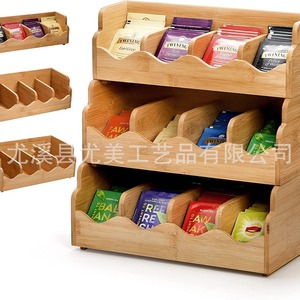 Estante de almacenamiento para bolsitas de té de bambú, estante de almacenamiento de café de tres niveles con múltiples compartimentos, estante de sobremesa para bolsitas de té para sala de té, venta al por mayor. - Product Image 4