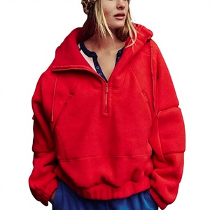 Sweat-shirt en polaire à capuche surdimensionné pour femme, fermeture éclair, rouge uni, coupe-vent, vêtements décontractés d'hiver, manches longues, longueur normale - Product Image 1