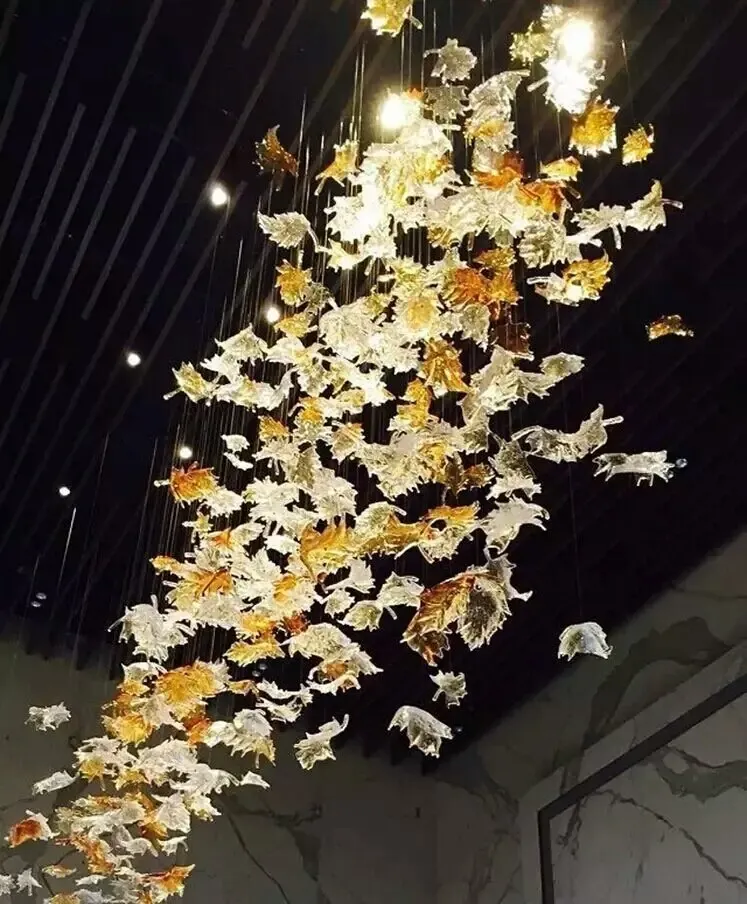 Zhongshan Handmade Maple Leaf Murano Glass Amber Clear Transparent Leaves Chandelier Pendant Light for Hotel Lobby