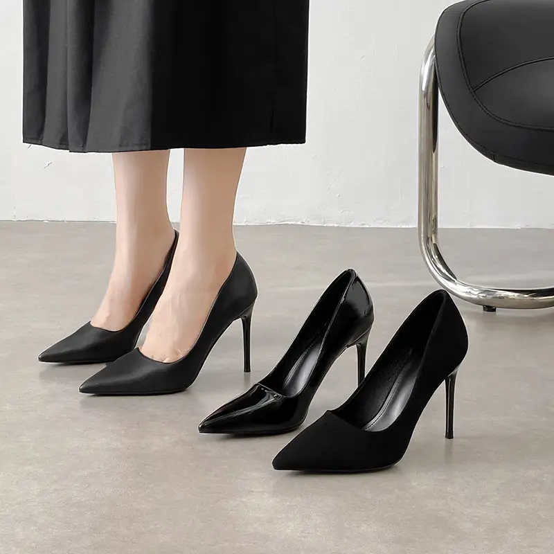 Women Black High Heeled Pointed Toe Shoes Office Lady Elegant Slip-on Thin Heel PU Leather Velvet Business Base Simple Shoes