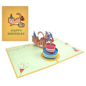 Carte de vœux 3D faite à la main avec un chat mignon et un gâteau d'<span class=keywords><strong>anniversaire</strong></span>, vernissage UV - <span class=keywords><strong>Joyeux</strong></span> <span class=keywords><strong>anniversaire</strong></span> pour les fêtes et les festivals - Product Image 1