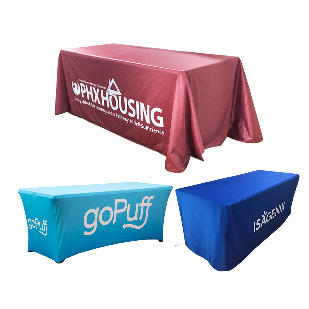 Custom Logo Bedrukt 4ft Polyester Hoes Tafelkleed 6ft Tafelloper 8ft Uitgerekt Tafelkleed Tafelkleed Voor Beurs