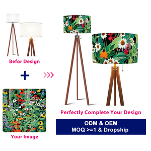 Impression personnalisée à la demande lampadaire trépied en bois motif feuille de bananier abat-jour en lin lampe à intensité variable du milieu du siècle quantité minimale de commande 1 - Product Image 2