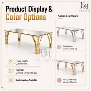 Table à manger moderne en verre miroir avec plateau en acier inoxydable, pieds ouverts décoratifs, mobilier de luxe pour événements et mariages - Product Image 3