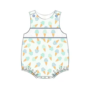 Puresun disegni personalizzati estate primavera smocked vestiti per bambini in cotone lavorato a maglia per bambini pagliaccetto con ricamo gelato