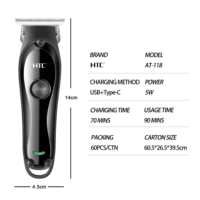 Tondeuse à cheveux HTC AT-118 sans fil, lame en acier haute teneur en carbone, charge rapide Type-C, autonomie de 90 minutes, pour hommes, salon de coiffure, hôtel