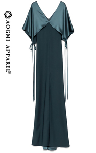 Abito ecologico da donna di alta moda di alta moda stile mantello in raso con scollo a V lungo a trapeazione - Product Image 2