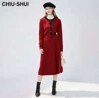 CHIU SHUI Ensemble deux pièces élégant en tricot torsadé pour femme, pull boutonné et jupe midi avec détail nœud