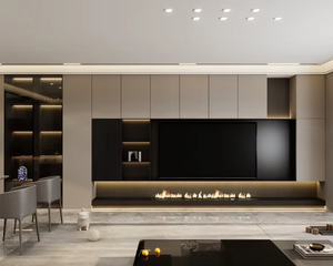 Meuble TV flottant avec éclairage LED et étagères ouvertes, console multimédia moderne en bois de noyer pour salon, sur mesure - Product Image 1