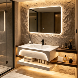 Lavabo <span class=keywords><strong>da</strong></span> <span class=keywords><strong>Bagno</strong></span> in Ceramica Effetto Pietra Artificiale a Doppio Strato di Lusso, Montato a Parete, per Vendita all'Ingrosso - Product Image 1