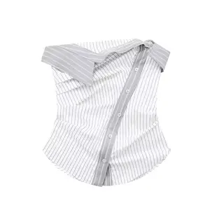 ZA Women with gathered strapless striped top sexy straight-cut neck side zip button up female shirts blusas chic tops