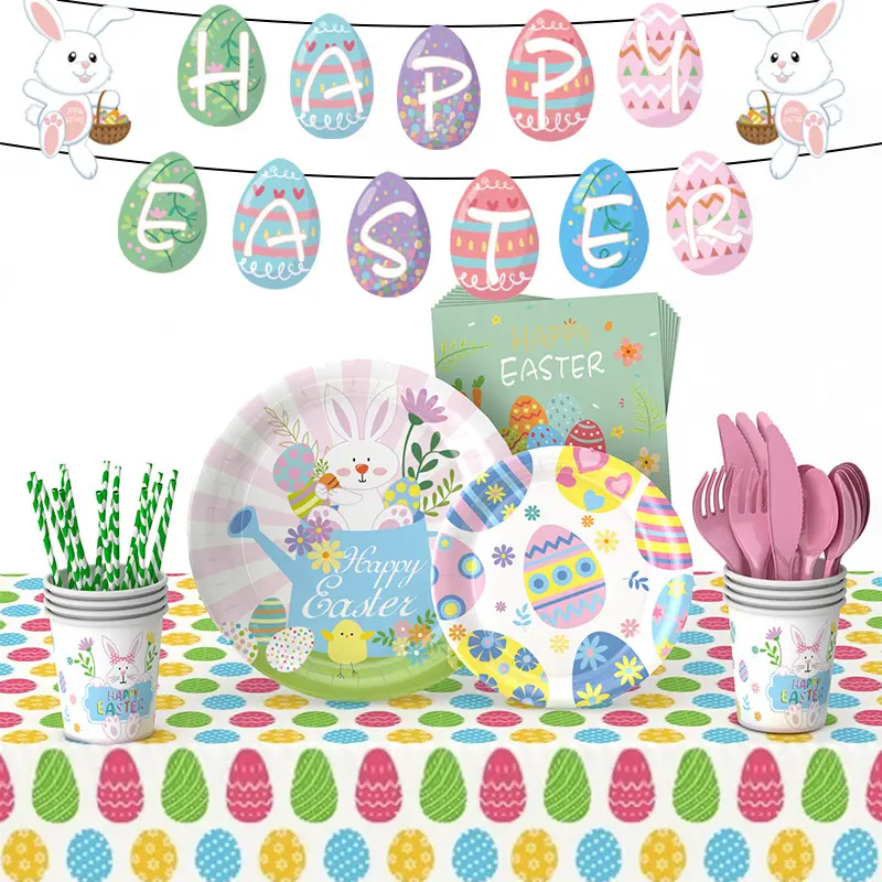 16 Gäste Messer Gabeln Löffel Flaggen Tischdecke Teller Geburtstag Dekoration New Easter Bunny Egg Paper Einweg geschirr Set