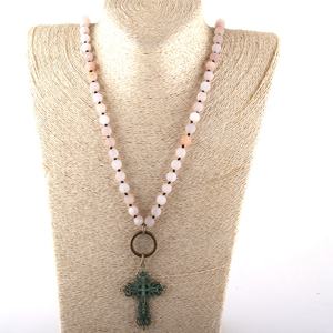 Collana di gioielli tribali della boemia delle donne collana di pietra naturale opaca di modo collana con pendente a croce a cerchio - Product Image 4