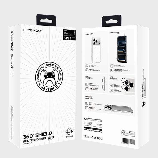 Heybingo 5-in-1 Customizable Tempered Glass Screen Protector Phone Case for 17 ProMax 16 15 14 Grade AAA 9H Hardness