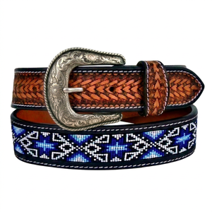 Cinturón Vaquero Occidental Vintage de Cuero Genuino Hecho a Mano, 38mm de Ancho, Longitud Personalizada, Hebilla de Pasador, Alta Resistencia, Duradero, con Incrustaciones de Cuentas Azules - Product Image 1