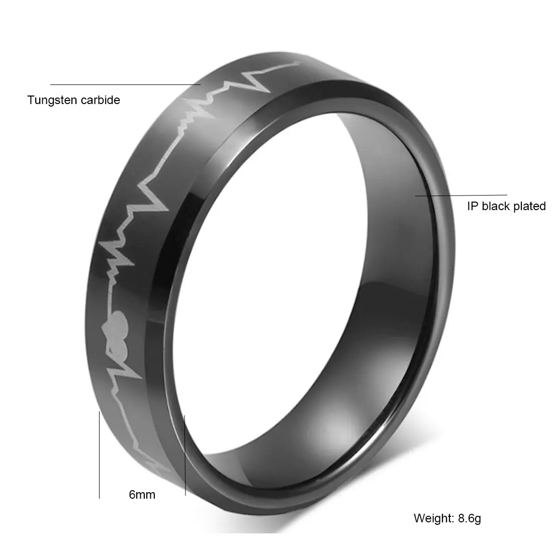 tungsten ring engraving 8mm tungsten carbide black heartbeat Tungsten Carbide Wedding Band jewelry for Men ring