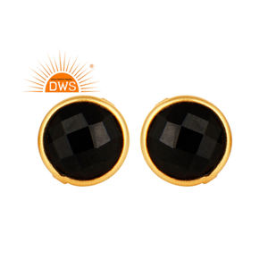 Faceted Black Onyx Gemstone Earrings Wholesale 14k Gold Plated 925 Sterling Silver Stud Earrings Jewelry - Product Image 1