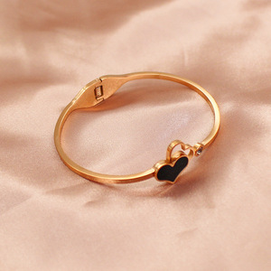 <b>Rose</b> Gold PVD Plated Stainless Steel Cuff Bangle with <b>Black</b> Heart Design for Women | Hypoallergenic, Waterproof & Non-Fading - Product Image 4
