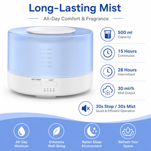 Diffuseur <span class=keywords><strong>d</strong></span>'huiles essentielles ultrasonique blanc 500 ml, <span class=keywords><strong>humidificateur</strong></span> <span class=keywords><strong>d</strong></span>'aromathérapie, LED 7 couleurs, arrêt automatique, 3 minuteurs, autonomie 15h, indicateur de niveau <span class=keywords><strong>d</strong></span>'eau - Product Image 2