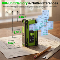 Mètre laser numérique compact rechargeable 4-en-1 200 pieds avec lignes croisées vertes, mesure de surface/volume/Pythagore/nivellement, modèle TLM60