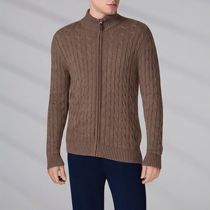 Custom Knitted Jacket Polo Knitwear Classic Men's Winter Long Sleeve Cable Full Zip Cotton Sweater Cardigan - Product Image 3