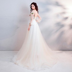 A-Line Tulle Wedding Dress O-Neck Long Sleeve Floral Embroidery Empire Waist Light Champagne Color Bridal Gown - Product Image 4