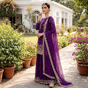 Dark Violet Heavy Embroidered Faux Georgette Kurti Palazzo Indian <b>Wedding</b> Guest Sangeet Reception 3-Piece Party Wear <b>Suit</b> - Product Image 1