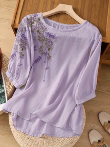 Chemisiers et Blouses Décontractés d'Été Brodés de Luxe à Col Rond et Motifs Floraux pour Femmes, Manches Trois-Quarts Respirantes - Product Image 6