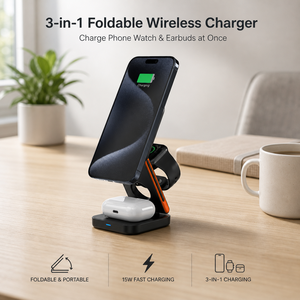 Support de charge magnétique sans fil pliable 15W à charge rapide 3-en-1, station de charge et support de téléphone pour téléphone, montre et écouteurs, angle réglable, OEM - Product Image 1