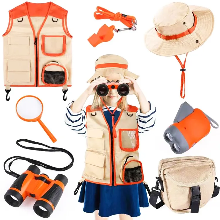 Kids Outdoor Educatief Speelgoed Explorer Kit Adventure Verrekijker Set Vest Safari Hoed Hand-Crank Zaklamp