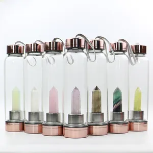 best selling Custom Logo Natural Crystal Energy Gemstones Crystal Glass Water Bottle with Rose Gold Lid