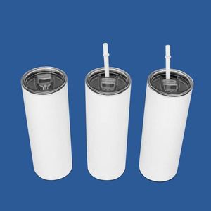 Gobelet isotherme droit et fin de 20 oz en acier inoxydable à double paroi, vierge pour sublimation, avec couvercle et paille - Product Image 6