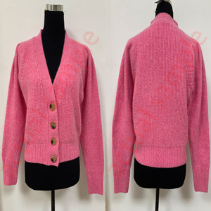 Cárdigan de punto rosa de moda para mujer, con mangas abullonadas, cuello en V, abotonado, de hilo melange suave y cálido para invierno, venta al por mayor - Product Image 3