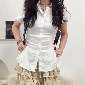 Chemisier Femme Style Académique Couleur Unie Taille Cintrée Manches Courtes Col Blanc Boutonné Coupe Ajustée Décontracté Tenue de Bureau - Product Image 4