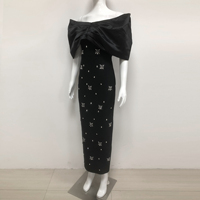 Robe de Soirée Noire de Luxe Épaules Dénudées Bandage Club Fête Strass Fendue Sirène Robe de Gala Événements Formels Avec Nœud en Satin