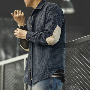 Chemise Maden pour <span class=keywords><strong>homme</strong></span> en seersucker à <span class=keywords><strong>carreaux</strong></span>, style vintage, en gaze texturée, patchwork vieilli, col contrastant, <span class=keywords><strong>surchemise</strong></span> printemps RTS - Product Image 1