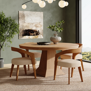 Ensemble de <span class=keywords><strong>table</strong></span> à manger ronde minimaliste FERLY pour 4 personnes, <span class=keywords><strong>table</strong></span> en bois naturel avec chaises en tissu doux, ensemble de salle à manger moderne pour villa et maison - Product Image 1