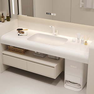 Modern Cream White Bathroom Vanity with Solid Surface Integrated <b>Sink</b> Floating Cabinet with <b>Storage</b> Drawers - Product Image 3