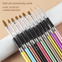 Ensemble de 10 pinceaux à ongles professionnels de haute qualité avec manche métallique coloré, pour gel, liner, peinture plate et ovale, outils de manucure pour salon