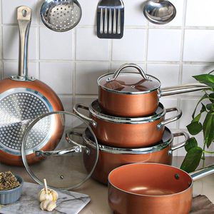 Ensemble de casseroles et poêles en céramique de haute qualité, modernes, avec poignées en acier inoxydable, 10 pièces, en cuivre et aluminium - Product Image 4