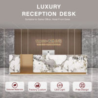 Comptoir de caisse en marbre, bureau de vente d'hôtel, réception haut de gamme en pierre de quartz, bois massif finition laquée, usage commercial