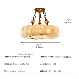 Semi Flush Chandelier Brass Alabaster American Vintage Retro Living Dining Room Bedroom Hotel Project Drum Stone <b>Light</b> - Product Image 2