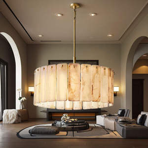 Lámpara Colgante Redonda de Alabastro con Cuerpo de Latón Dorado, LED 2700K Blanco Cálido Regulable para Sala de Estar - Product Image 3
