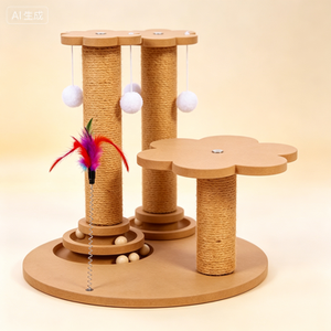 Maison à gratter pour chat de luxe moderne, double poteau en forme de fleur, construction en bois massif et balles interactives - Product Image 4