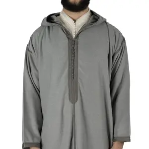 穆斯林阿拉伯男子中东刺绣连帽长袍长袖衬衫