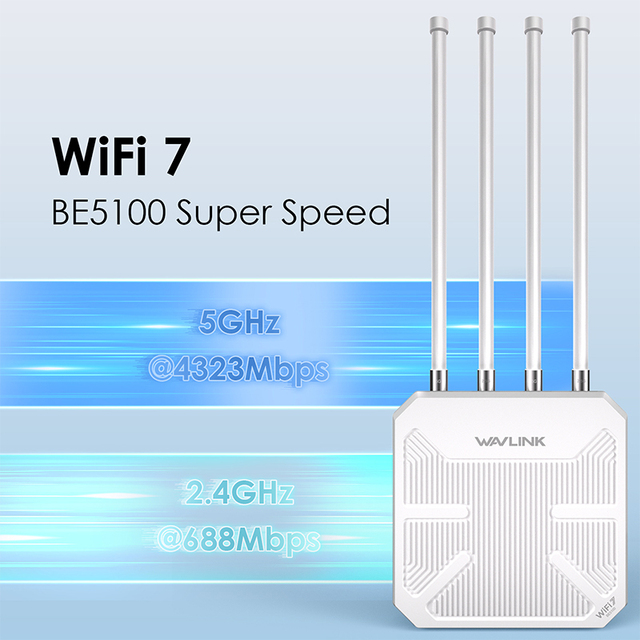 WAVLINK WiFi 7 BE5100 Outdoor Long Range Mesh Router Dual Band IP67 High Speed Waterproof & Dustproof 4 8dBi High-Gain Antennas