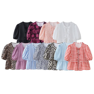 Nueva Blusa Casual de Moda para Mujer, Estampada, de Manga Corta, con Lazo - Product Image 3