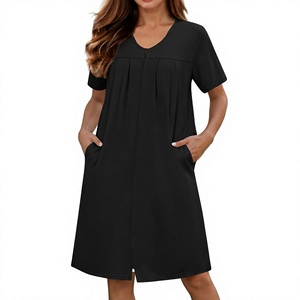 Robe de détente noire à col en v et manches courtes, longueur genou, avec fermeture éclair et poches, pour femmes, vêtements de nuit, style d'été - Product Image 4
