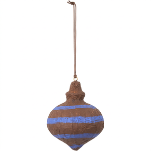 Boule de Noël artisanale en papier mâché écologique, non toxique, rustique, avec rayures bleues, décoration suspendue pour arbre - Product Image 1